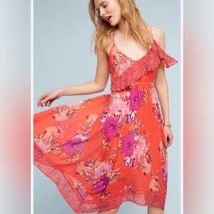 Anthropologie Floral Grecia Ruffle Dress by Maeve 6 red women floral